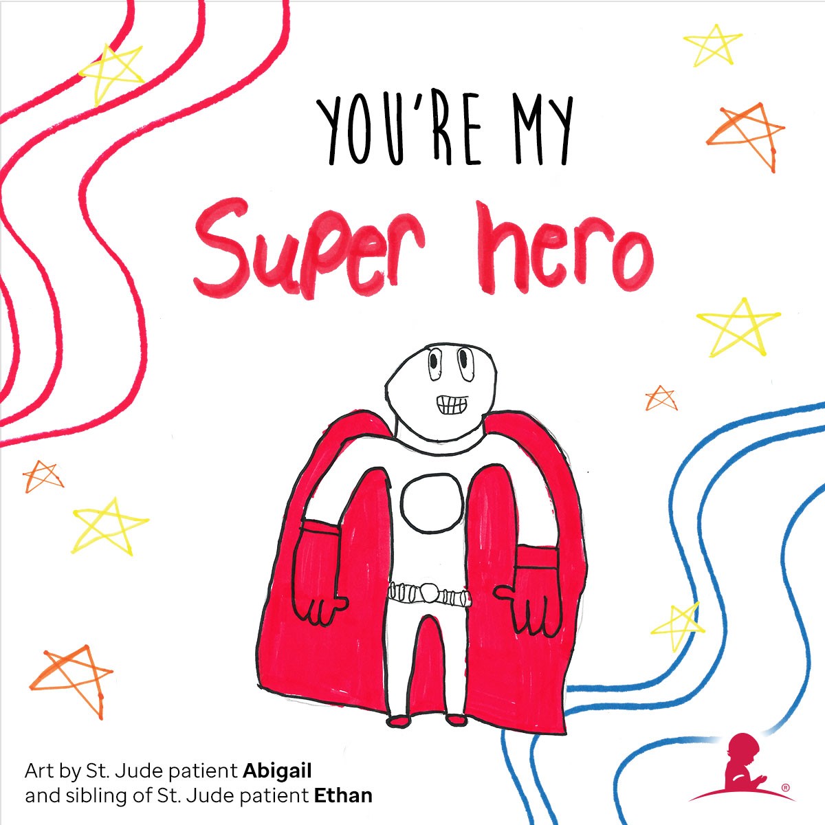 Superhero artwork by St. Jude patient Abigail and sibling of St. Jude patient Ethan